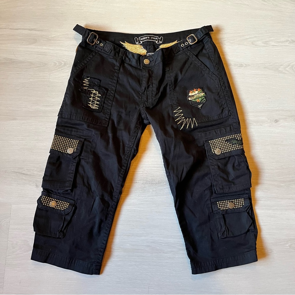Robin's Jean Y2K Rare Military Studded Low Rise Black Capri Cargo Pants Size 29